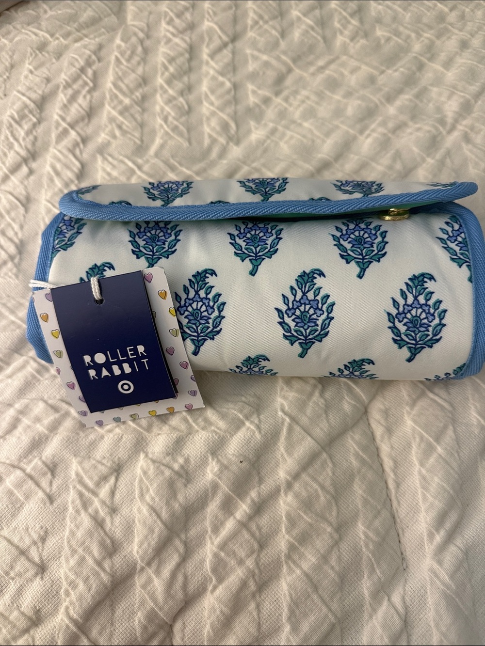 Roller Rabbit Blue Floral Travel Jewelry Roll with Light Blue Trim